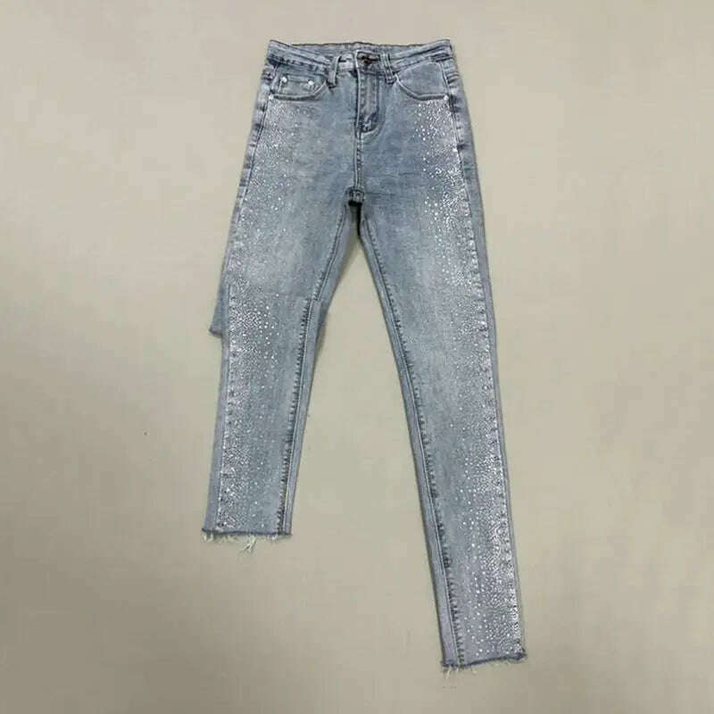 Spring Fall Women Vintage Black Diamonds High Waisted Jeans Woman Ankle-length Blue Denim Pant Streetwear Trousers - KIMLUD