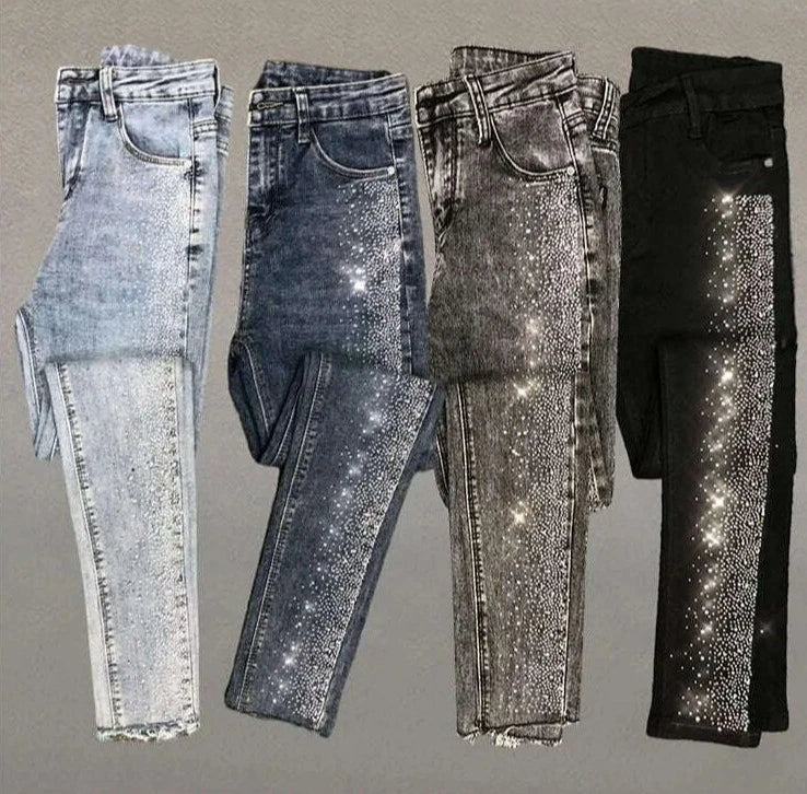 Spring Fall Women Vintage Black Diamonds High Waisted Jeans Woman Ankle-length Blue Denim Pant Streetwear Trousers - KIMLUD