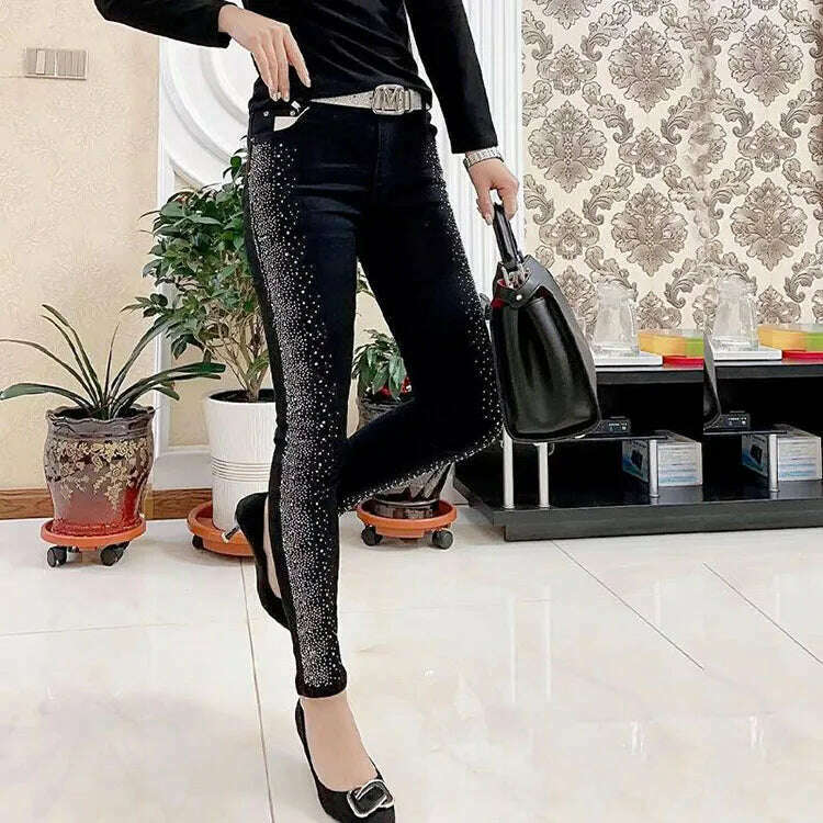 Spring Fall Women Vintage Black Diamonds High Waisted Jeans Woman Ankle-length Blue Denim Pant Streetwear Trousers - KIMLUD