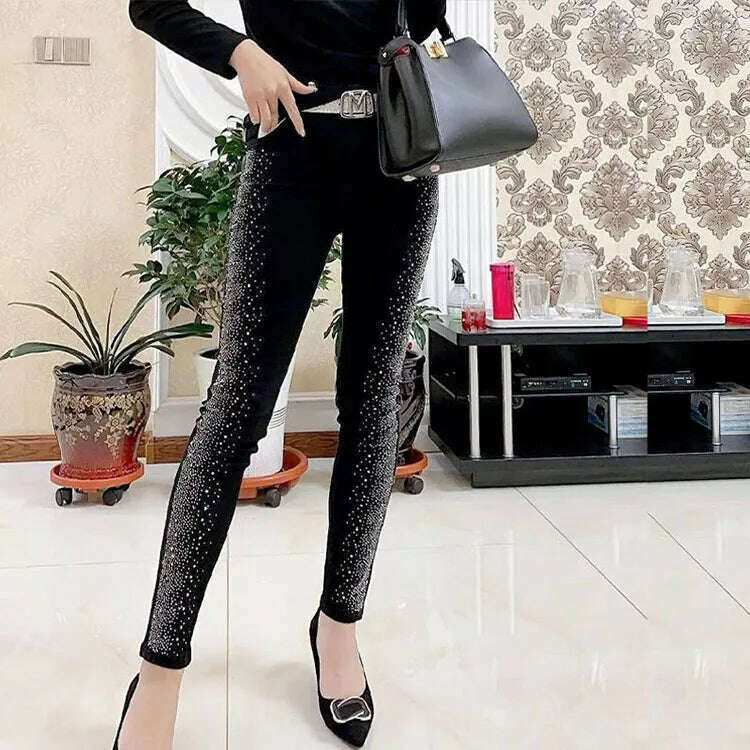 Spring Fall Women Vintage Black Diamonds High Waisted Jeans Woman Ankle-length Blue Denim Pant Streetwear Trousers - KIMLUD
