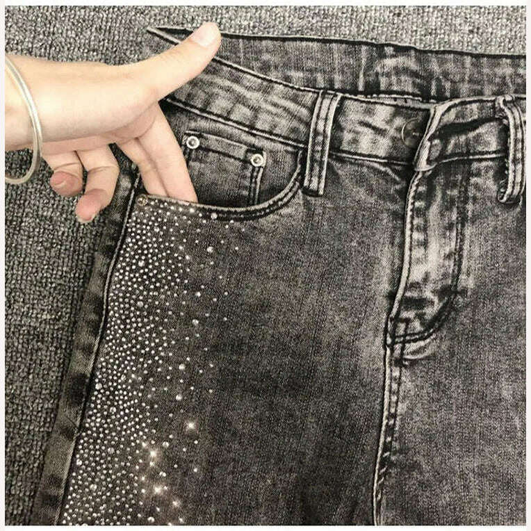 Spring Fall Women Vintage Black Diamonds High Waisted Jeans Woman Ankle-length Blue Denim Pant Streetwear Trousers - KIMLUD