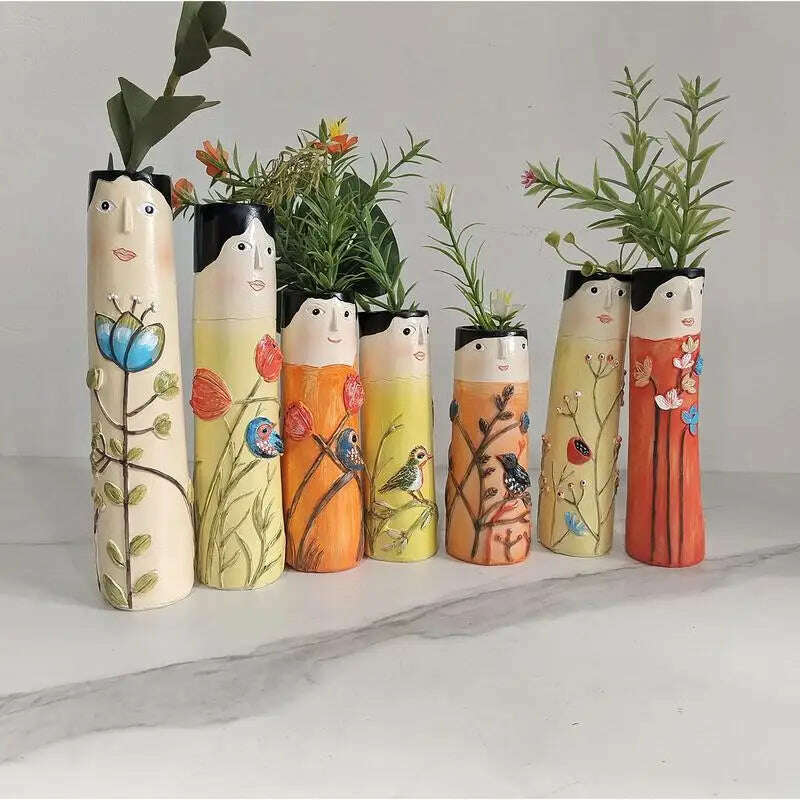 KIMLUD, Spring Family Bud Vases Hand Painted Vase with Cute Character Bohemian Flower Plant Holder Boho Resin Vase Funny Humanoid Family, KIMLUD Womens Clothes