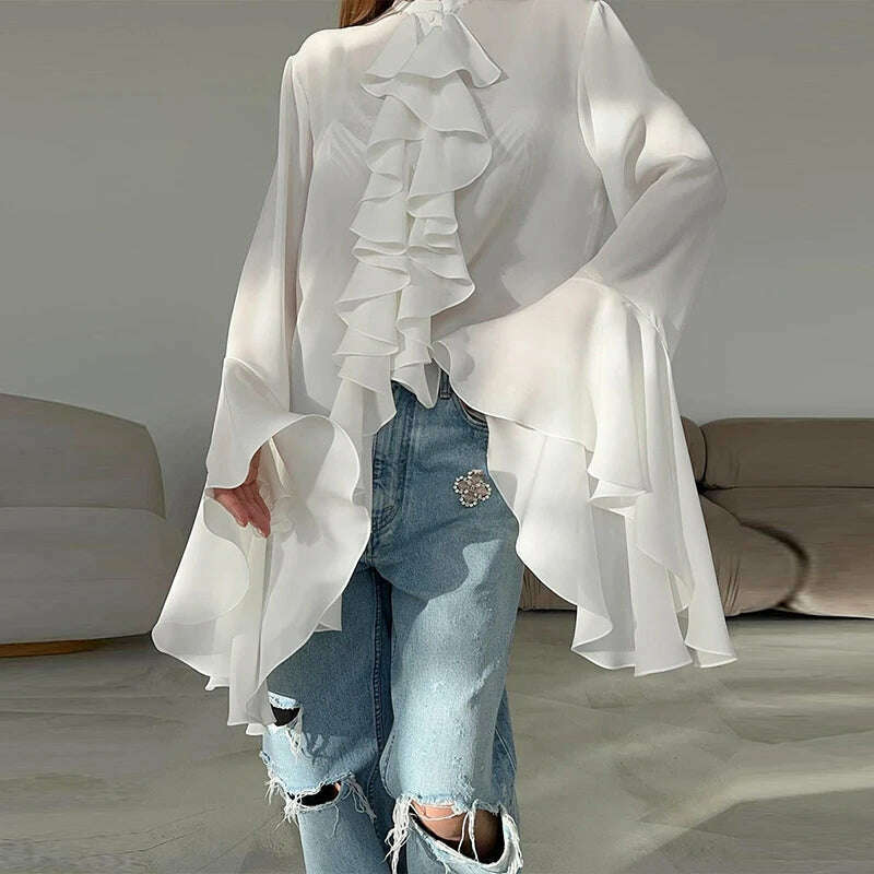 Spring Fashion Design Ruffle Single Breasted Shirt Casual Women O-neck Butterfly Sleeve Blouses Lady Temperament Cardigan Tops - KIMLUD
