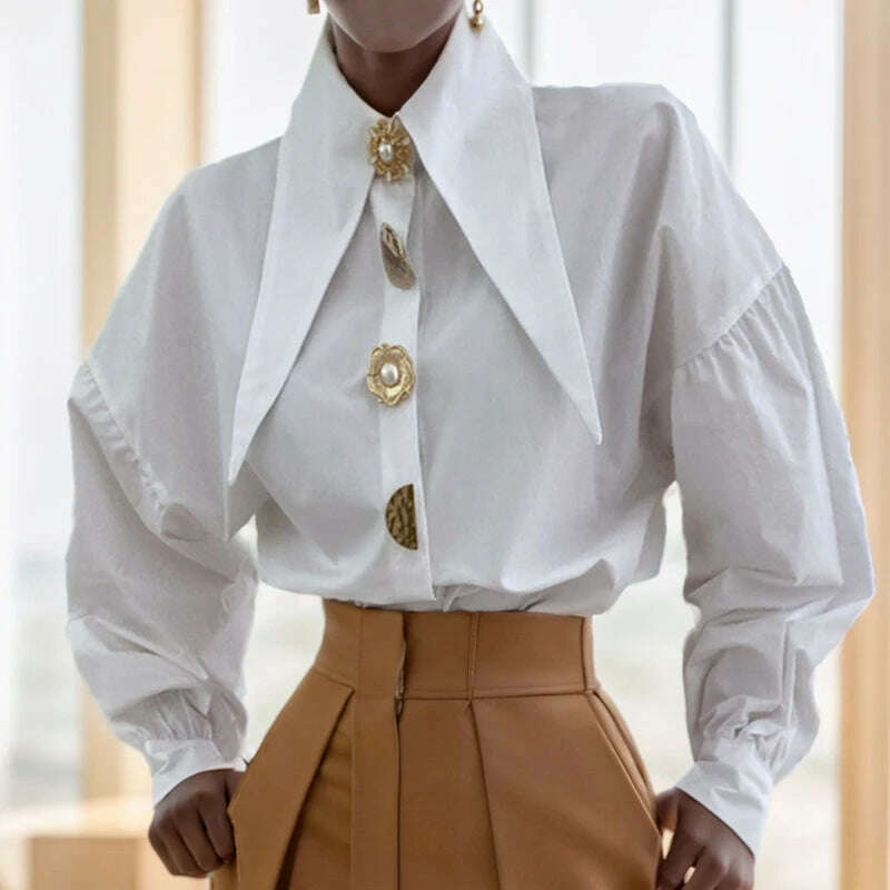 KIMLUD, Spring Fashion Long Sleeve Shirt Pointed Collar Office Lady Blouse Office Women Shirts Turn Down Collar Loose Clothing 15630, KIMLUD Womens Clothes