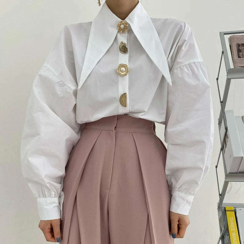 KIMLUD, Spring Fashion Long Sleeve Shirt Pointed Collar Office Lady Blouse Office Women Shirts Turn Down Collar Loose Clothing 15630, KIMLUD Womens Clothes