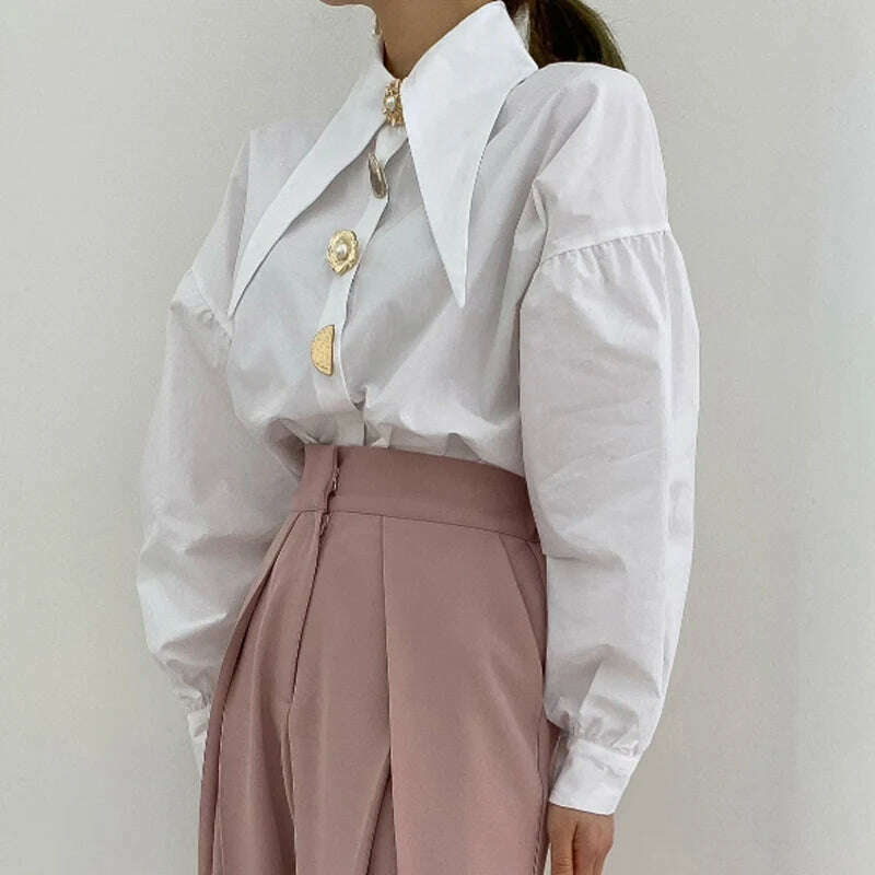 KIMLUD, Spring Fashion Long Sleeve Shirt Pointed Collar Office Lady Blouse Office Women Shirts Turn Down Collar Loose Clothing 15630, WHITE / M, KIMLUD APPAREL - Womens Clothes