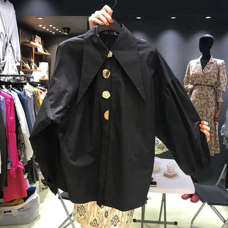 KIMLUD, Spring Fashion Long Sleeve Shirt Pointed Collar Office Lady Blouse Office Women Shirts Turn Down Collar Loose Clothing 15630, black / XXXL, KIMLUD APPAREL - Womens Clothes