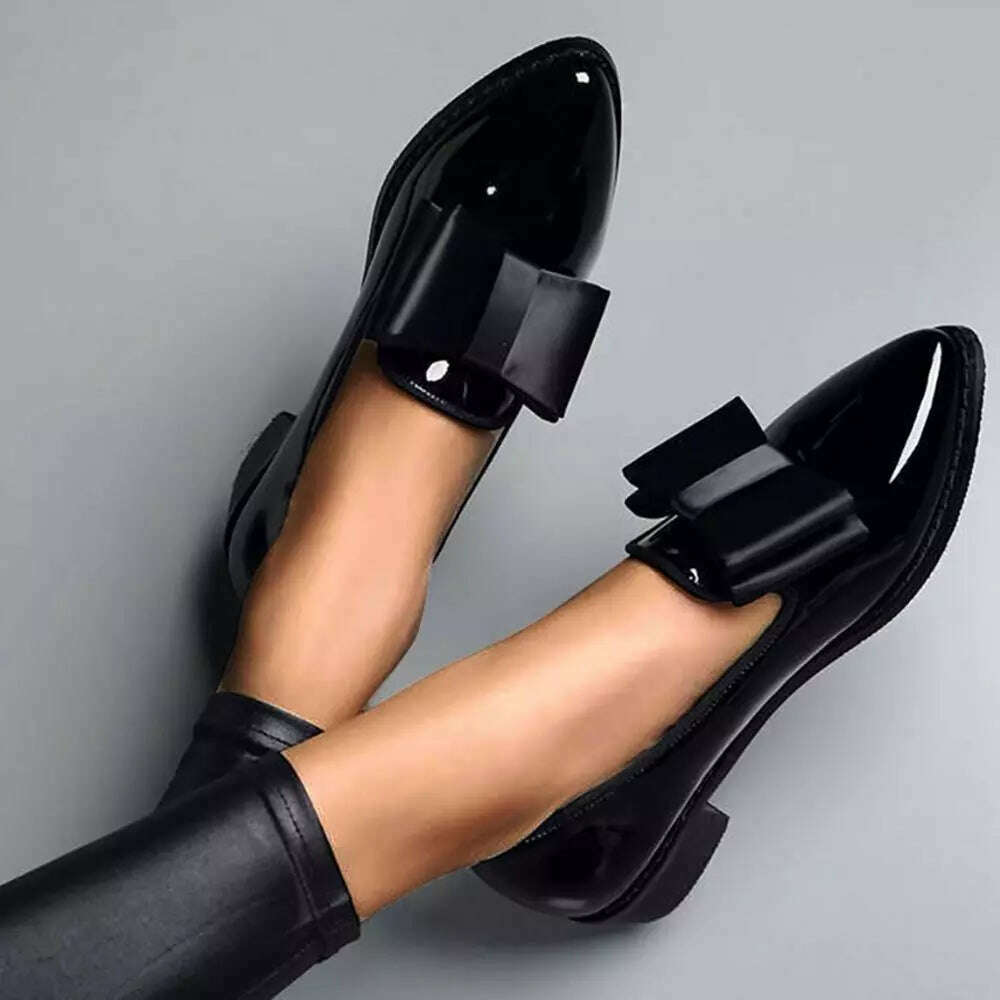 KIMLUD, Spring Flats Women Shoes Bowtie Loafers Patent Leather Women&#39;s Low Heels Slip On Footwear Female Pointed Toe Thick Heel, KIMLUD Womens Clothes