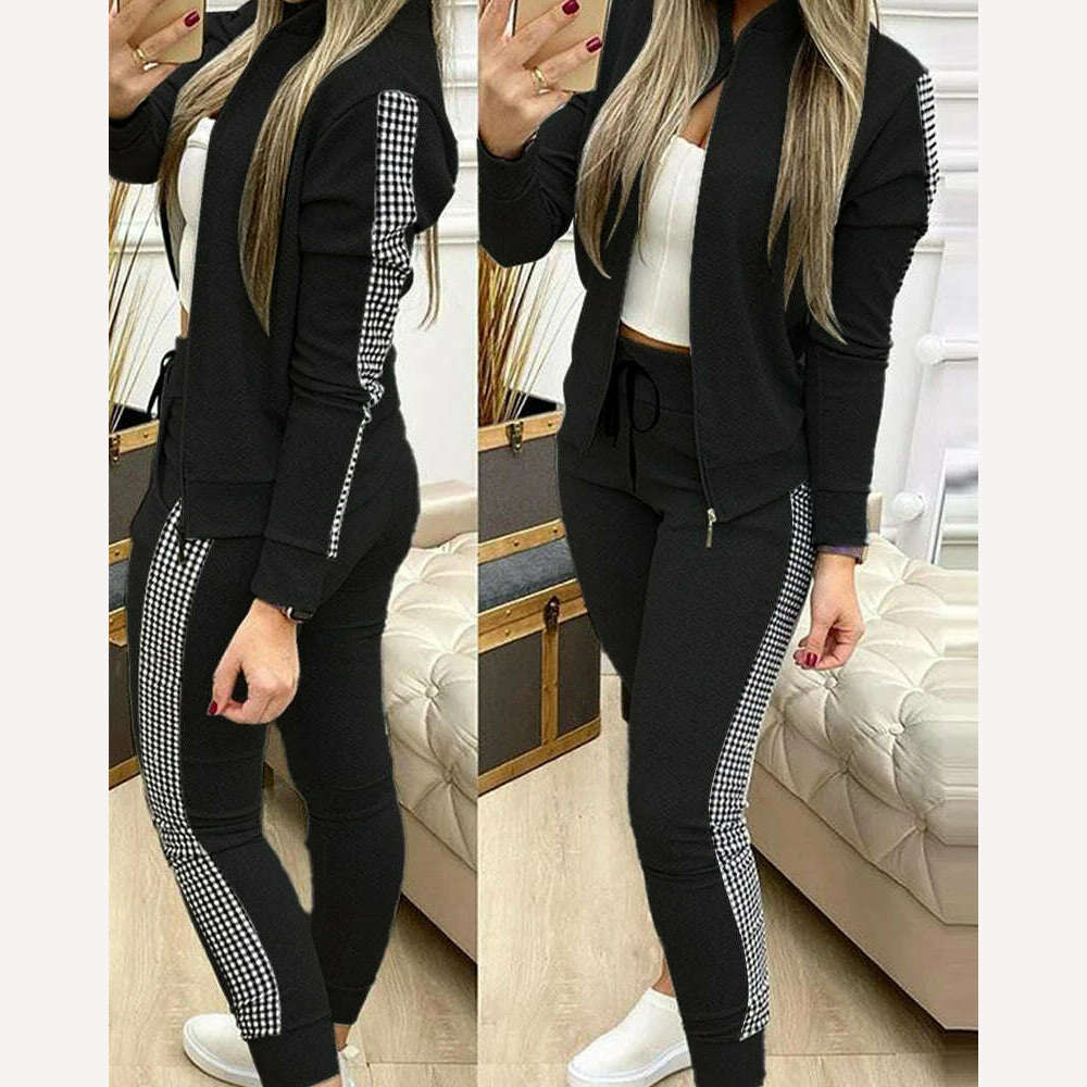 Spring Leisure Sports Zipper Tops Coat Pants 2 Two Pieces Sets For Women Striped Stitching Comfortable Activewear Sets, KIMLUD Women's Clothes