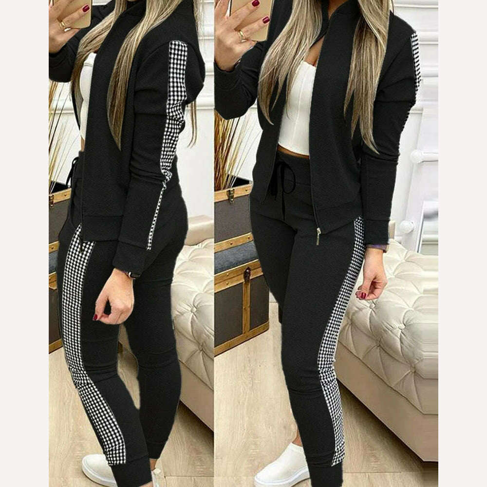 Spring Leisure Sports Zipper Tops Coat Pants 2 Two Pieces Sets For Women Striped Stitching Comfortable Activewear Sets - KIMLUD
