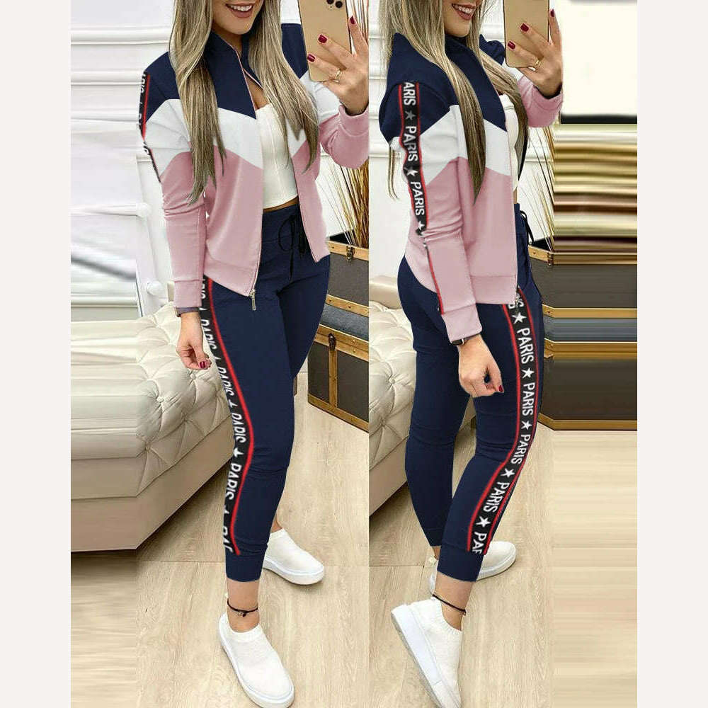Spring Leisure Sports Zipper Tops Coat Pants 2 Two Pieces Sets For Women Striped Stitching Comfortable Activewear Sets - KIMLUD