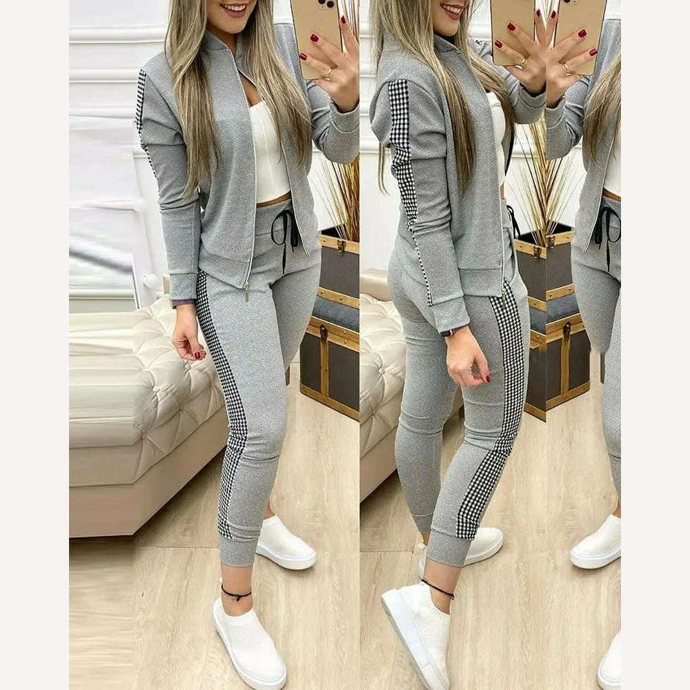 Spring Leisure Sports Zipper Tops Coat Pants 2 Two Pieces Sets For Women Striped Stitching Comfortable Activewear Sets, GRAY / S, KIMLUD Women's Clothes