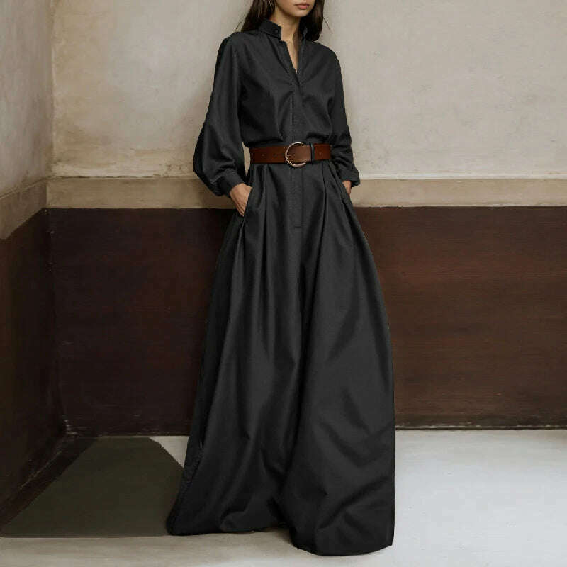 KIMLUD, Spring Long-sleeved Solid Loose Jumpsuit Women V Neck High Waist Straight Playsuits Summer Pocket Wide-leg Pants Romper Overalls, Black(No Belt) / S, KIMLUD APPAREL - Womens Clothes