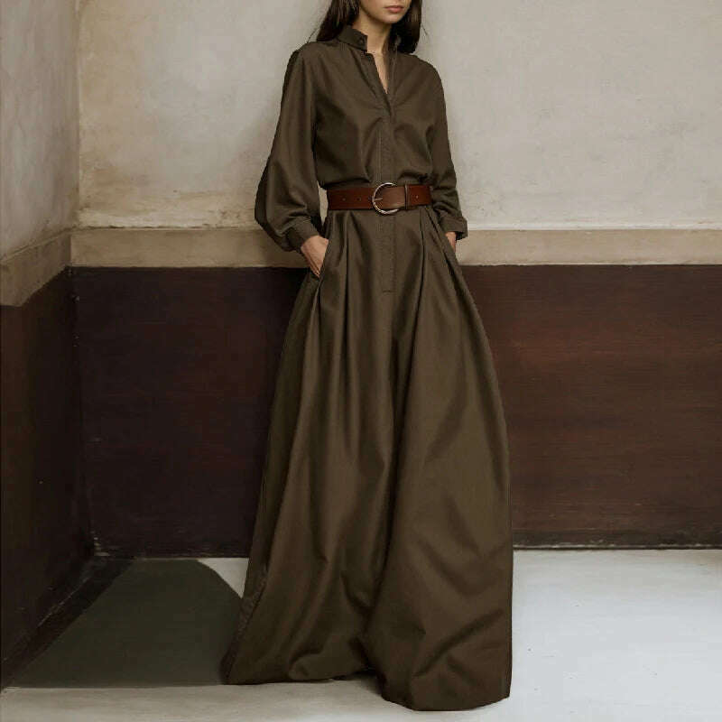 KIMLUD, Spring Long-sleeved Solid Loose Jumpsuit Women V Neck High Waist Straight Playsuits Summer Pocket Wide-leg Pants Romper Overalls, As Picture(No Belt) / S, KIMLUD APPAREL - Womens Clothes