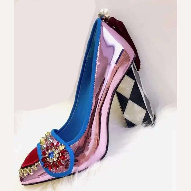KIMLUD, Spring New Women Brand Purple Sliver Gold Patchwork Tassel On Heel Pearls Rivets Slip On 100 mm Embellished Mirror Leather Pumps, Lavender / 7.5, KIMLUD APPAREL - Womens Clothes