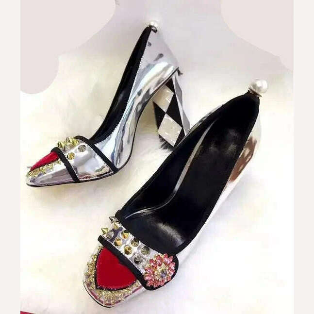 KIMLUD, Spring New Women Brand Purple Sliver Gold Patchwork Tassel On Heel Pearls Rivets Slip On 100 mm Embellished Mirror Leather Pumps, Silver / 5, KIMLUD APPAREL - Womens Clothes
