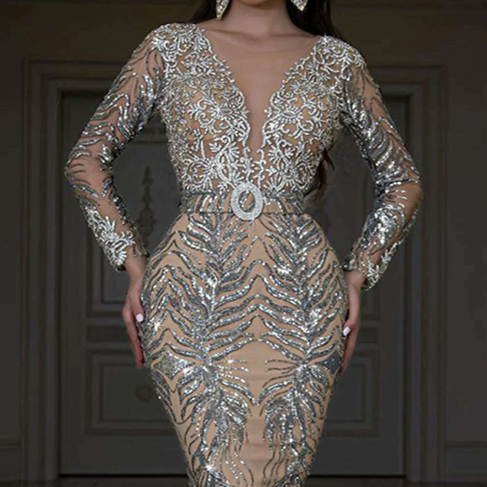 KIMLUD, Spring Sexy V-Neck Bronzed Sequin Slim Long Sleeve Temperament Bag Hip Long Mopping Dress, KIMLUD Womens Clothes