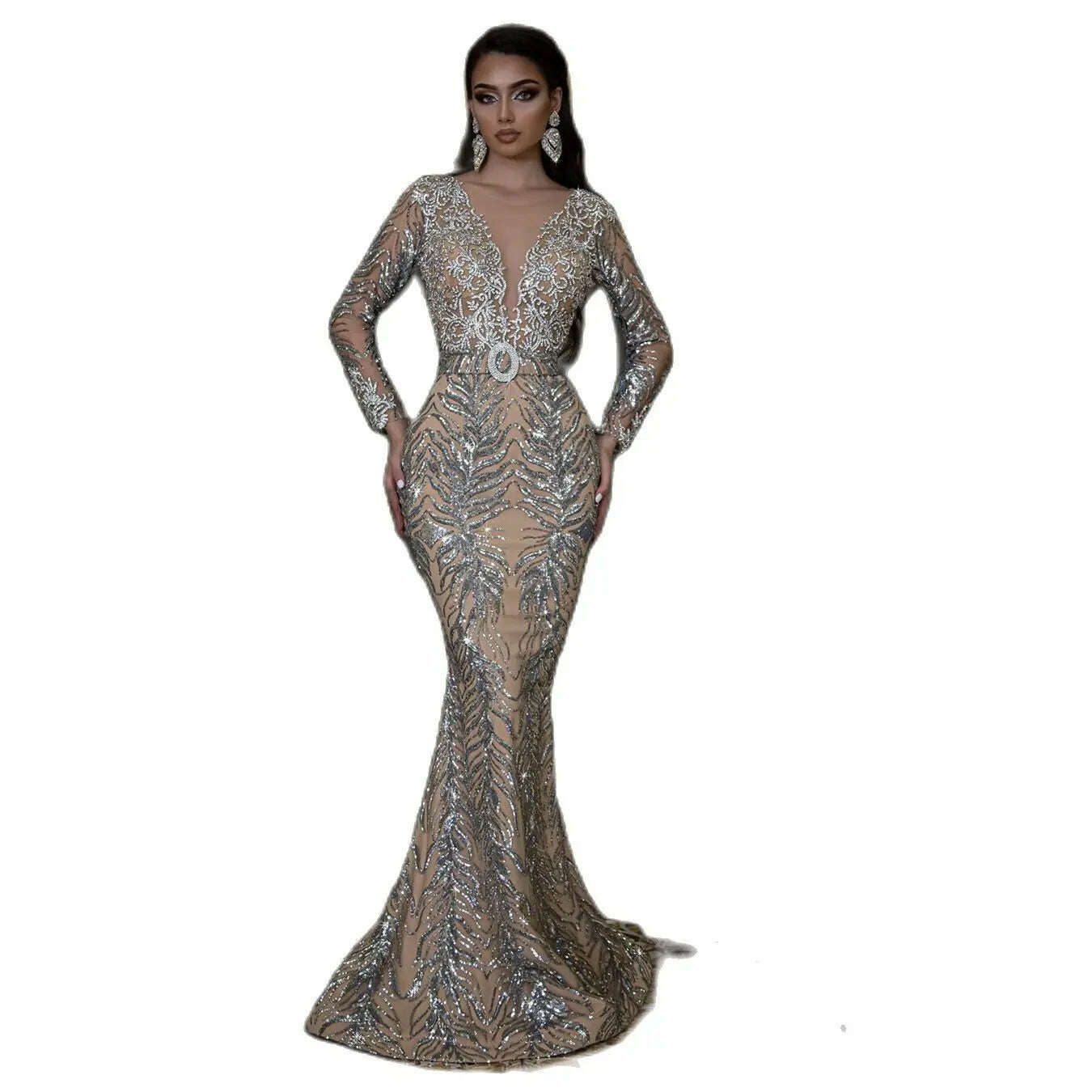 KIMLUD, Spring Sexy V-Neck Bronzed Sequin Slim Long Sleeve Temperament Bag Hip Long Mopping Dress, KIMLUD Womens Clothes