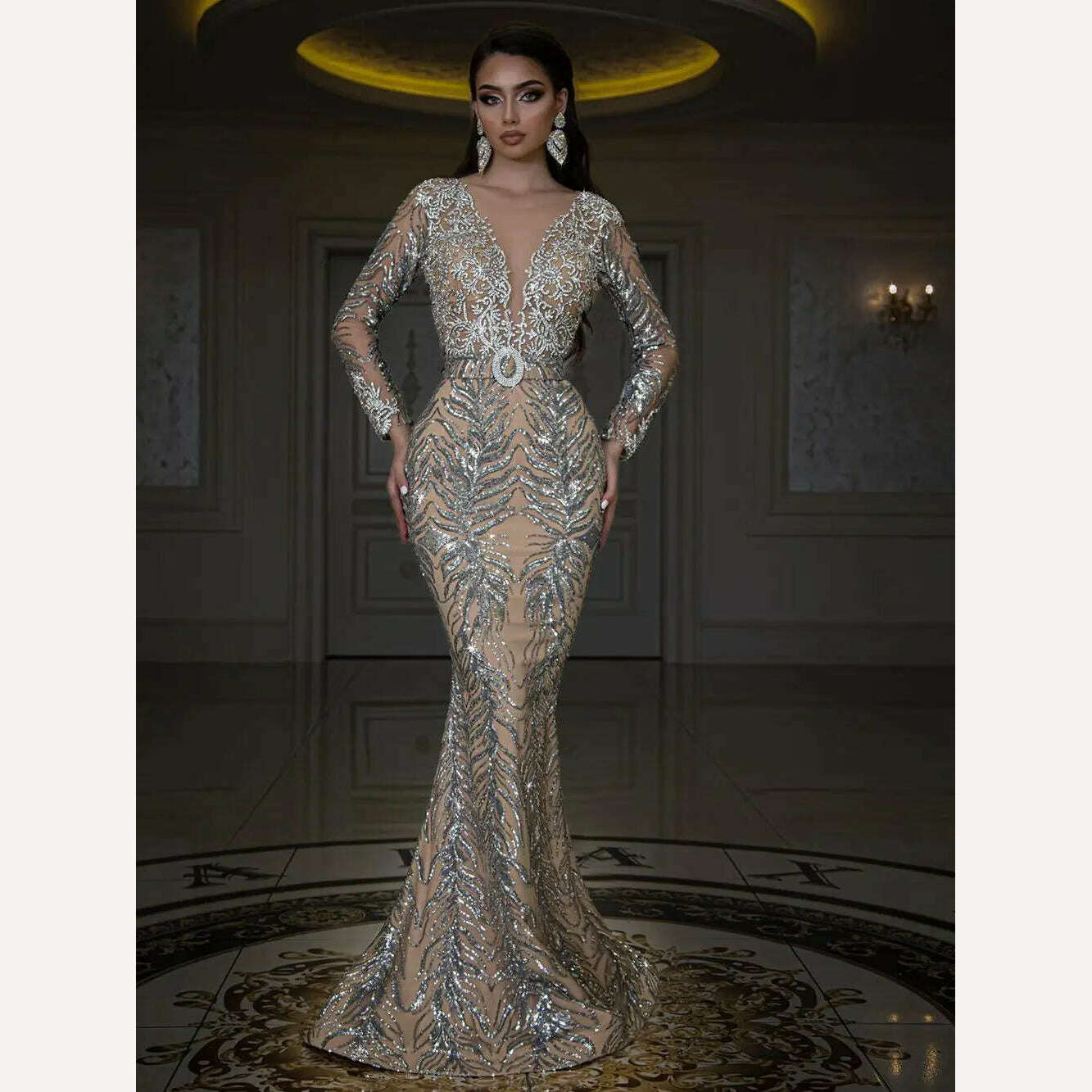 KIMLUD, Spring Sexy V-Neck Bronzed Sequin Slim Long Sleeve Temperament Bag Hip Long Mopping Dress, KIMLUD Womens Clothes