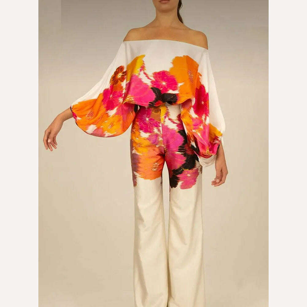 Spring Summer Loungewear Women Slash Neck Long Batwing Sleeve 2 Pieces Matching Sets 2023 Printing Wide Leg Pants Ladies Outfit - KIMLUD