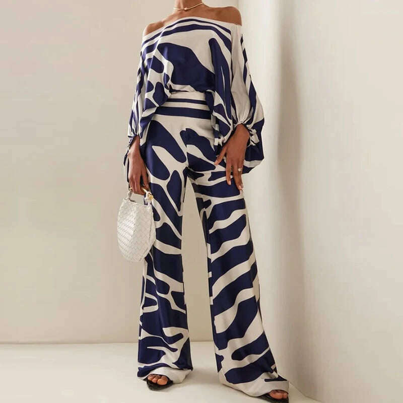Spring Summer Loungewear Women Slash Neck Long Batwing Sleeve 2 Pieces Matching Sets 2023 Printing Wide Leg Pants Ladies Outfit - KIMLUD