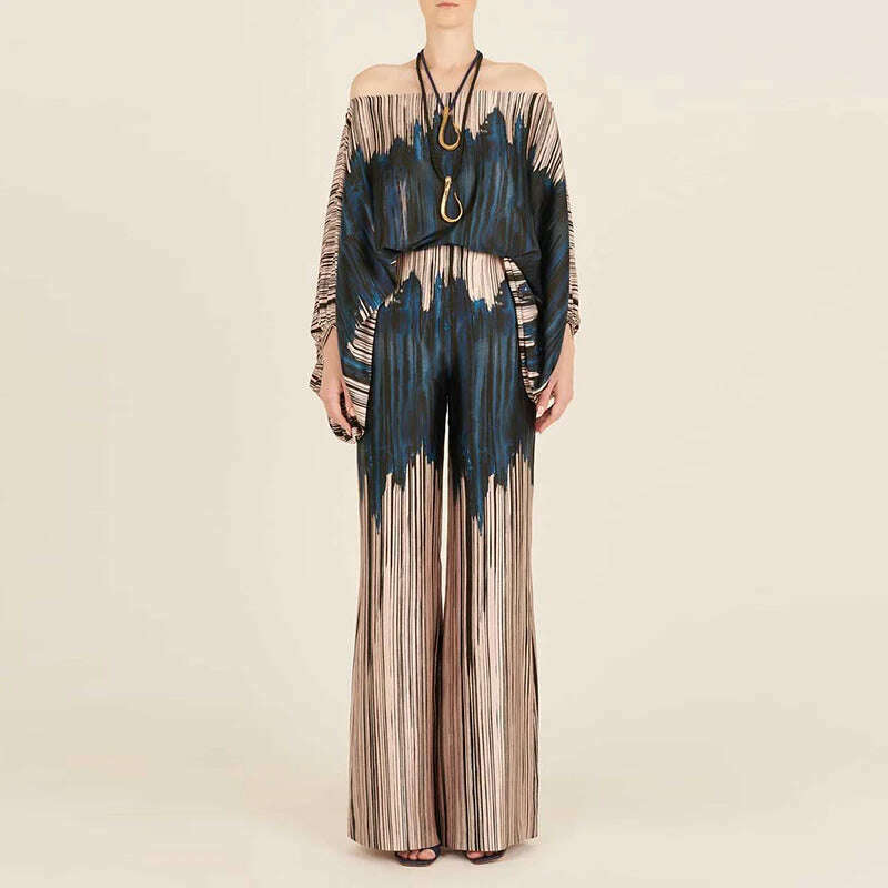 Spring Summer Loungewear Women Slash Neck Long Batwing Sleeve 2 Pieces Matching Sets 2023 Printing Wide Leg Pants Ladies Outfit - KIMLUD