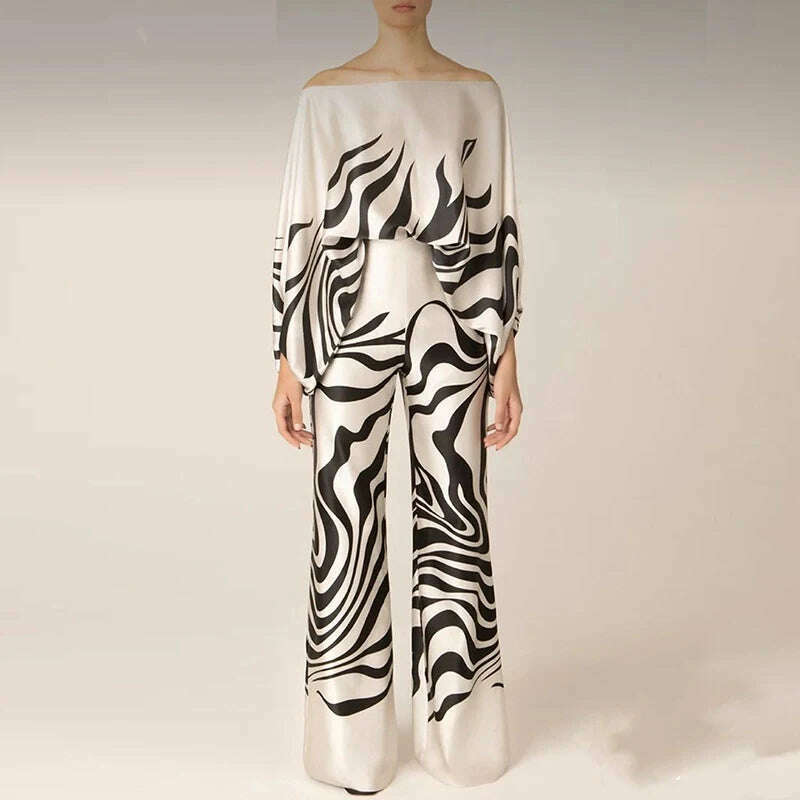 Spring Summer Loungewear Women Slash Neck Long Batwing Sleeve 2 Pieces Matching Sets 2023 Printing Wide Leg Pants Ladies Outfit - KIMLUD