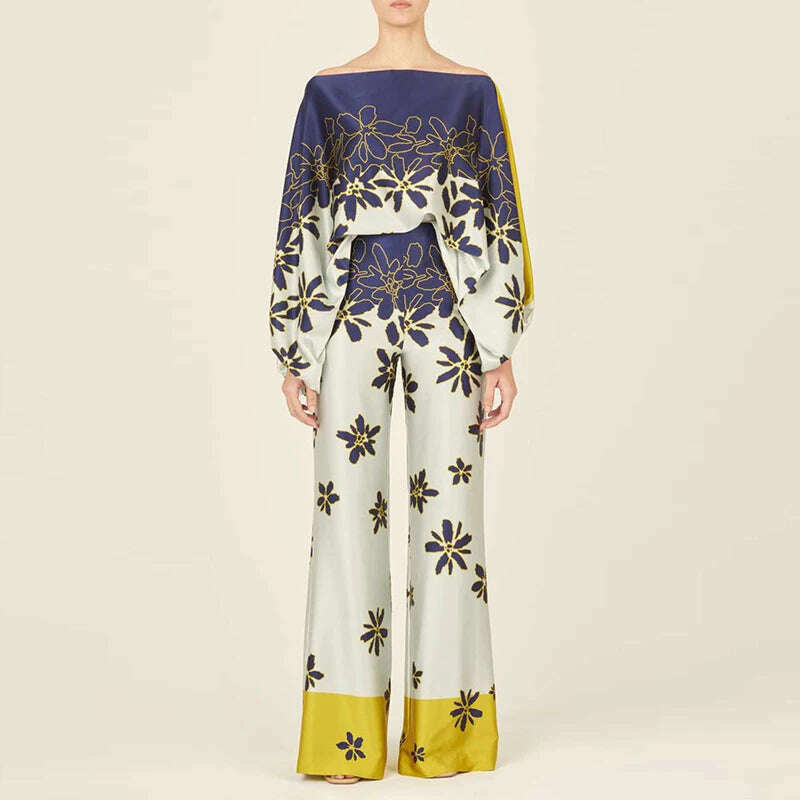 Spring Summer Loungewear Women Slash Neck Long Batwing Sleeve 2 Pieces Matching Sets 2023 Printing Wide Leg Pants Ladies Outfit - KIMLUD