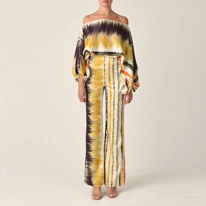 Spring Summer Loungewear Women Slash Neck Long Batwing Sleeve 2 Pieces Matching Sets 2023 Printing Wide Leg Pants Ladies Outfit - KIMLUD