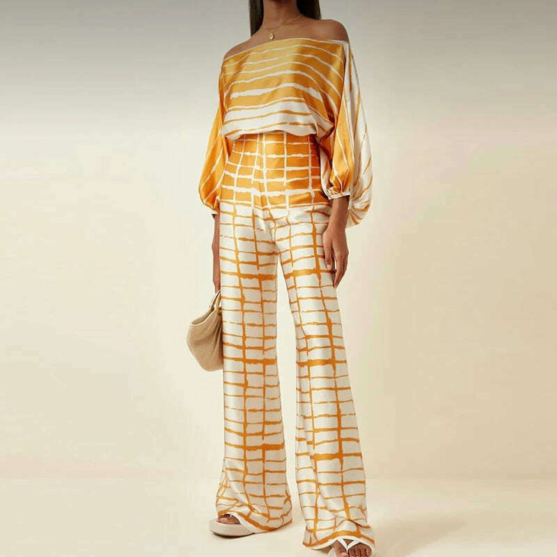 Spring Summer Loungewear Women Slash Neck Long Batwing Sleeve 2 Pieces Matching Sets 2023 Printing Wide Leg Pants Ladies Outfit - KIMLUD