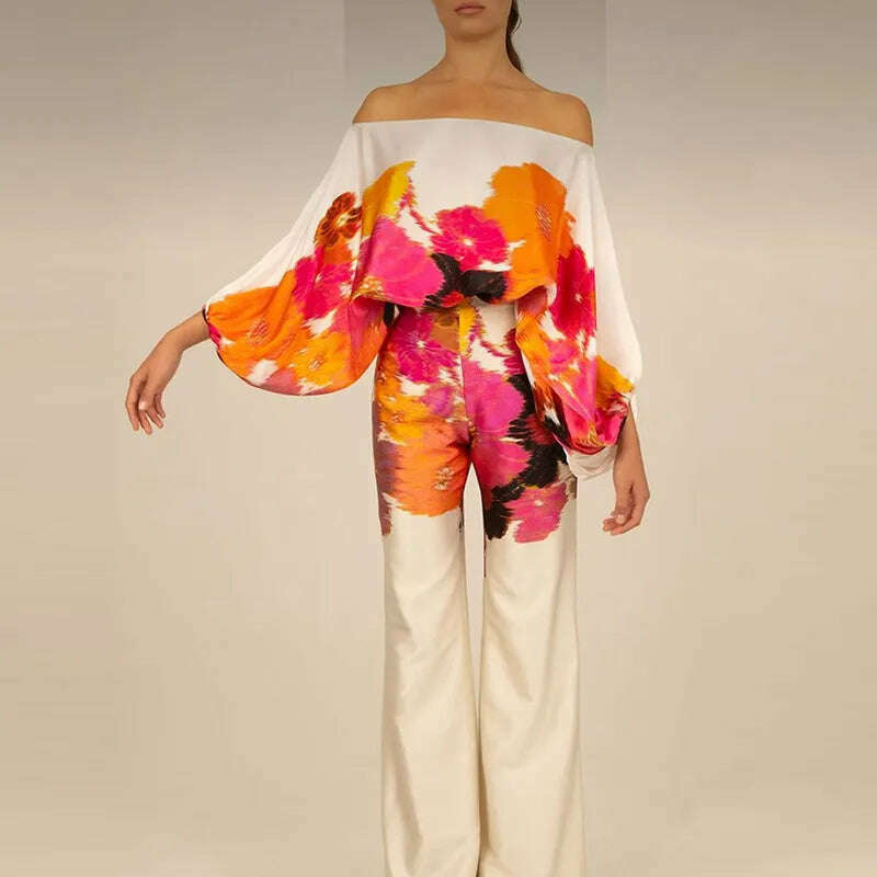 Spring Summer Loungewear Women Slash Neck Long Batwing Sleeve 2 Pieces Matching Sets 2023 Printing Wide Leg Pants Ladies Outfit - KIMLUD