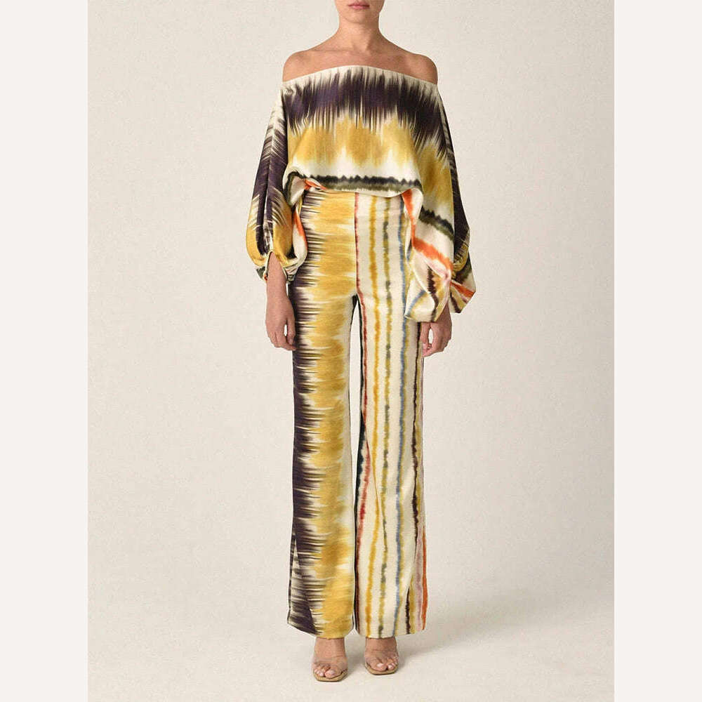 Spring Summer Loungewear Women Slash Neck Long Batwing Sleeve 2 Pieces Matching Sets 2023 Printing Wide Leg Pants Ladies Outfit - KIMLUD