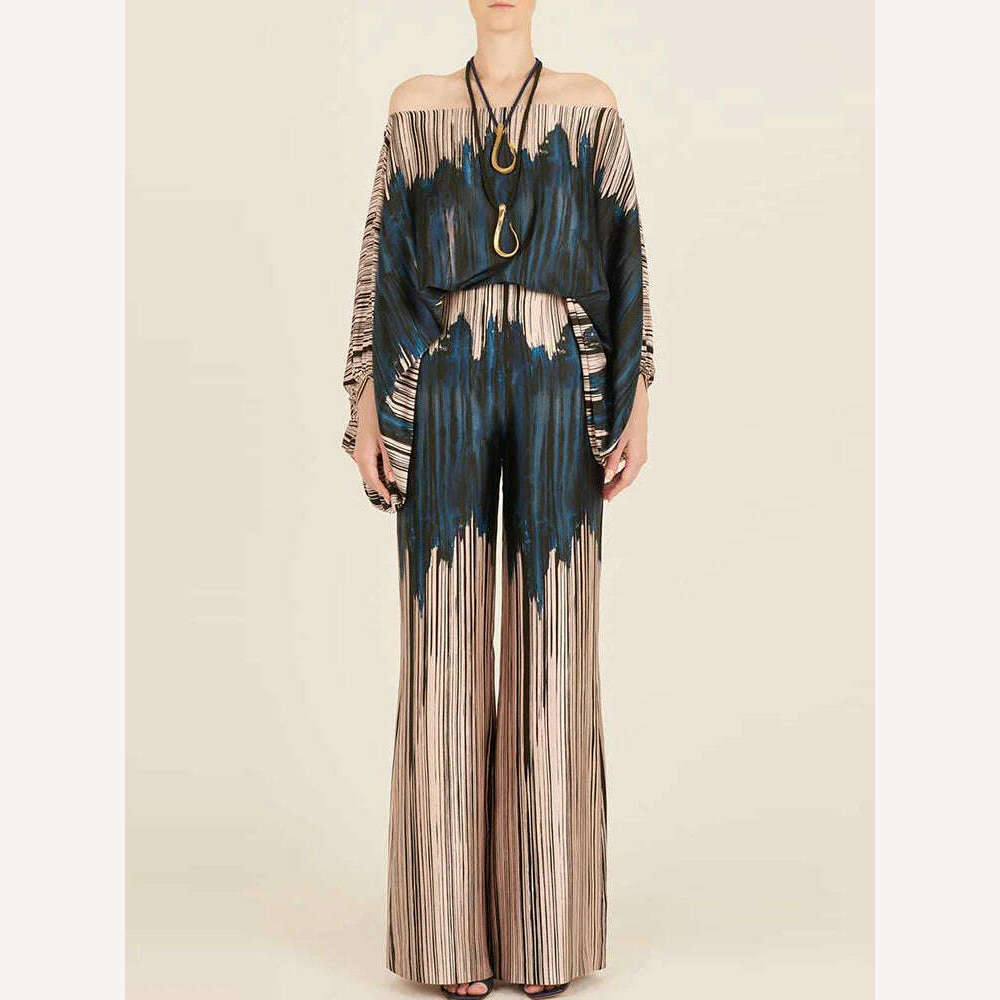 Spring Summer Loungewear Women Slash Neck Long Batwing Sleeve 2 Pieces Matching Sets 2023 Printing Wide Leg Pants Ladies Outfit - KIMLUD