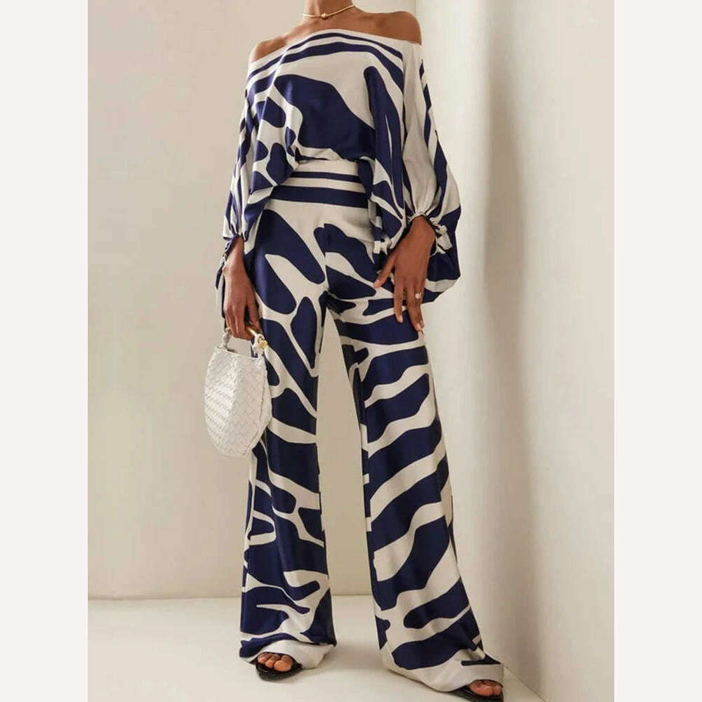 Spring Summer Loungewear Women Slash Neck Long Batwing Sleeve 2 Pieces Matching Sets 2023 Printing Wide Leg Pants Ladies Outfit - KIMLUD