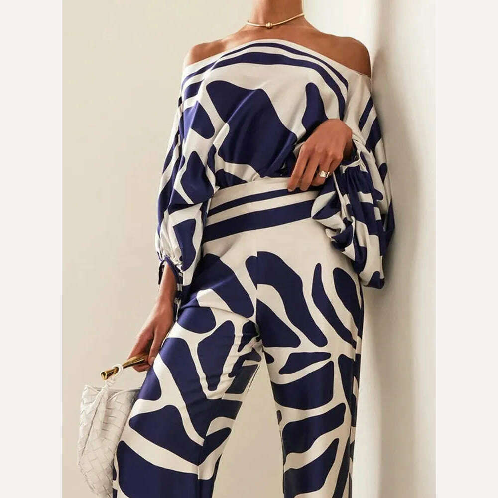 Spring Summer Loungewear Women Slash Neck Long Batwing Sleeve 2 Pieces Matching Sets 2023 Printing Wide Leg Pants Ladies Outfit - KIMLUD