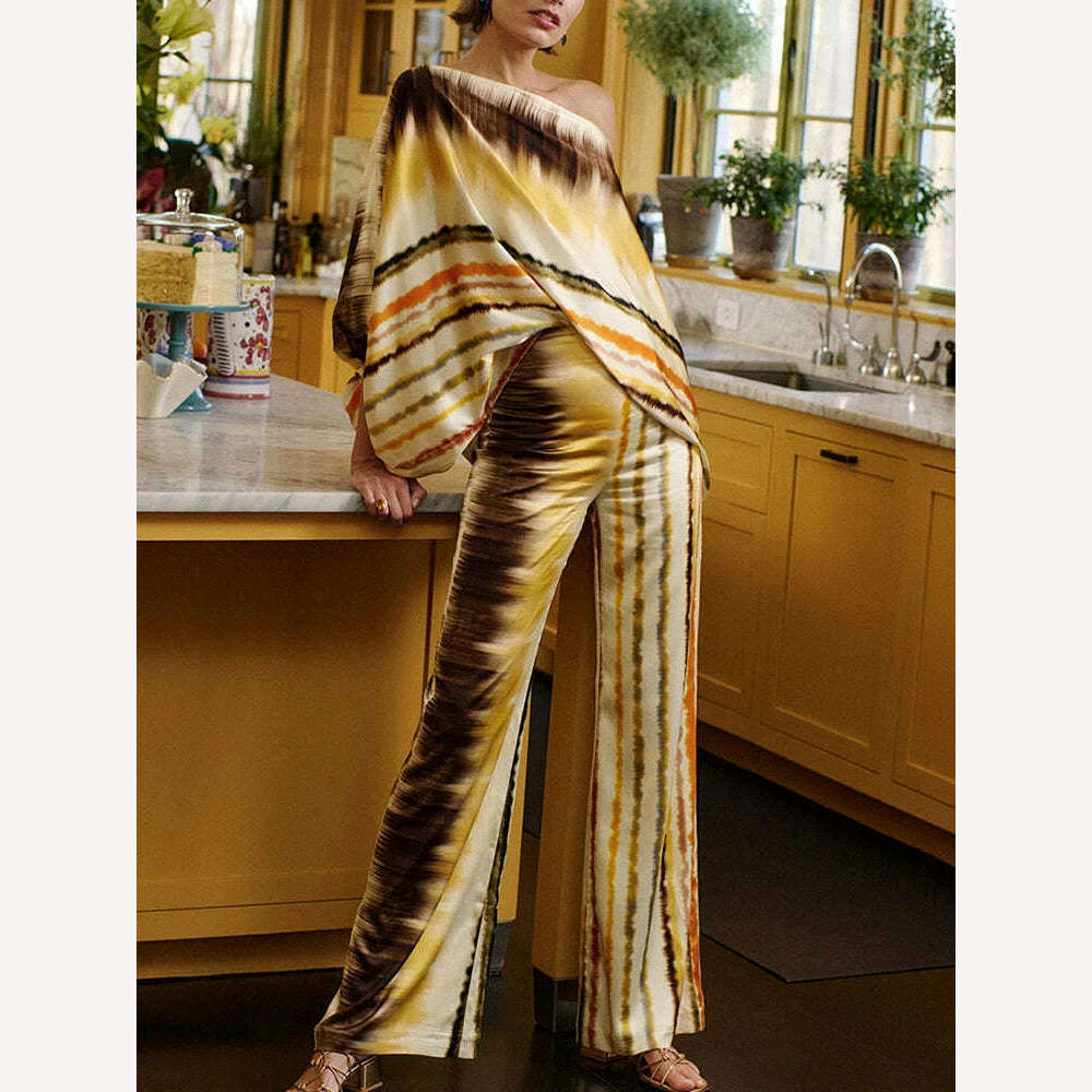 Spring Summer Loungewear Women Slash Neck Long Batwing Sleeve 2 Pieces Matching Sets 2023 Printing Wide Leg Pants Ladies Outfit - KIMLUD