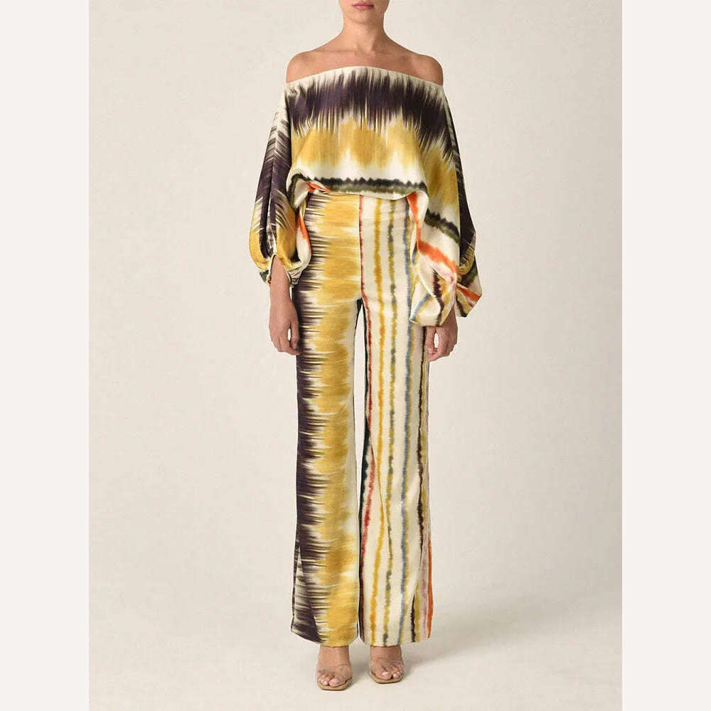 Spring Summer Loungewear Women Slash Neck Long Batwing Sleeve 2 Pieces Matching Sets 2023 Printing Wide Leg Pants Ladies Outfit - KIMLUD