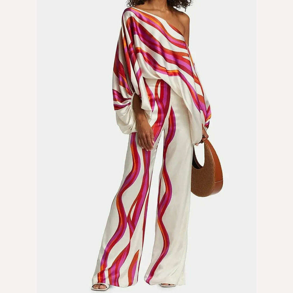 Spring Summer Loungewear Women Slash Neck Long Batwing Sleeve 2 Pieces Matching Sets 2023 Printing Wide Leg Pants Ladies Outfit - KIMLUD