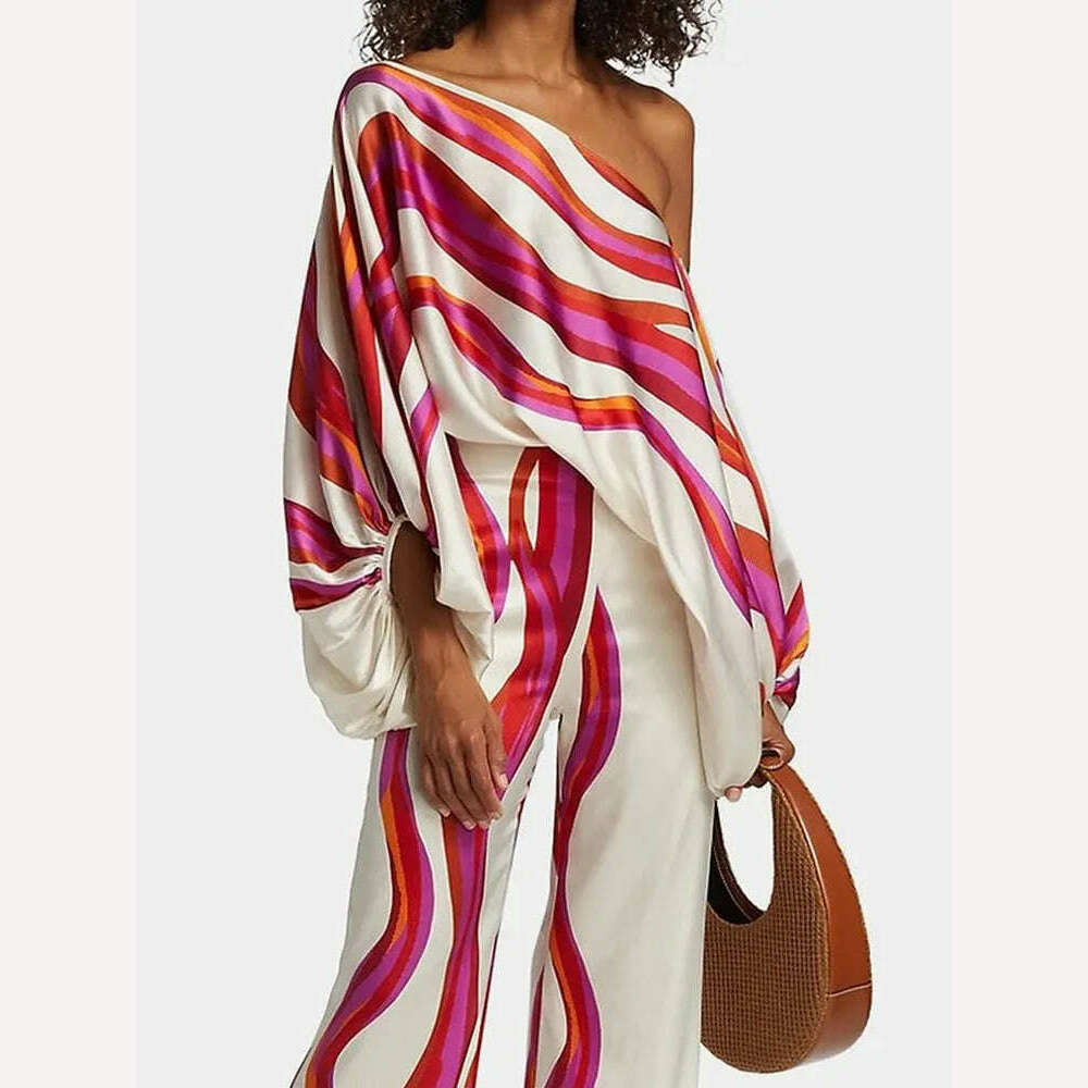Spring Summer Loungewear Women Slash Neck Long Batwing Sleeve 2 Pieces Matching Sets 2023 Printing Wide Leg Pants Ladies Outfit - KIMLUD
