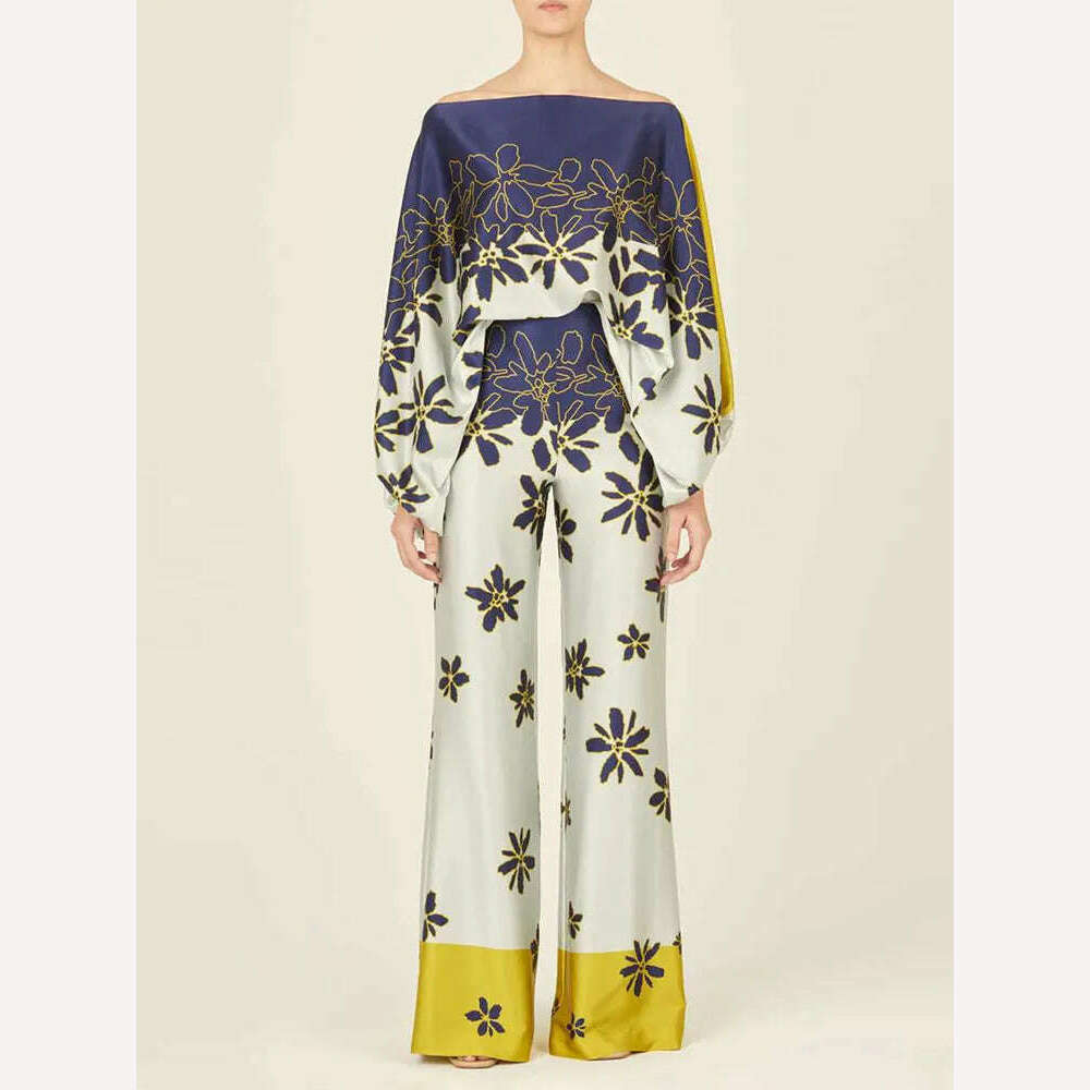 Spring Summer Loungewear Women Slash Neck Long Batwing Sleeve 2 Pieces Matching Sets 2023 Printing Wide Leg Pants Ladies Outfit - KIMLUD