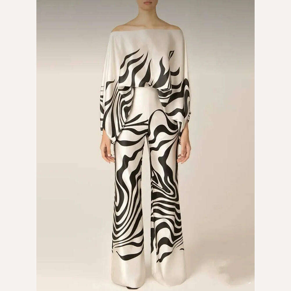 Spring Summer Loungewear Women Slash Neck Long Batwing Sleeve 2 Pieces Matching Sets 2023 Printing Wide Leg Pants Ladies Outfit - KIMLUD