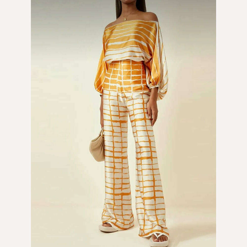 Spring Summer Loungewear Women Slash Neck Long Batwing Sleeve 2 Pieces Matching Sets 2023 Printing Wide Leg Pants Ladies Outfit - KIMLUD