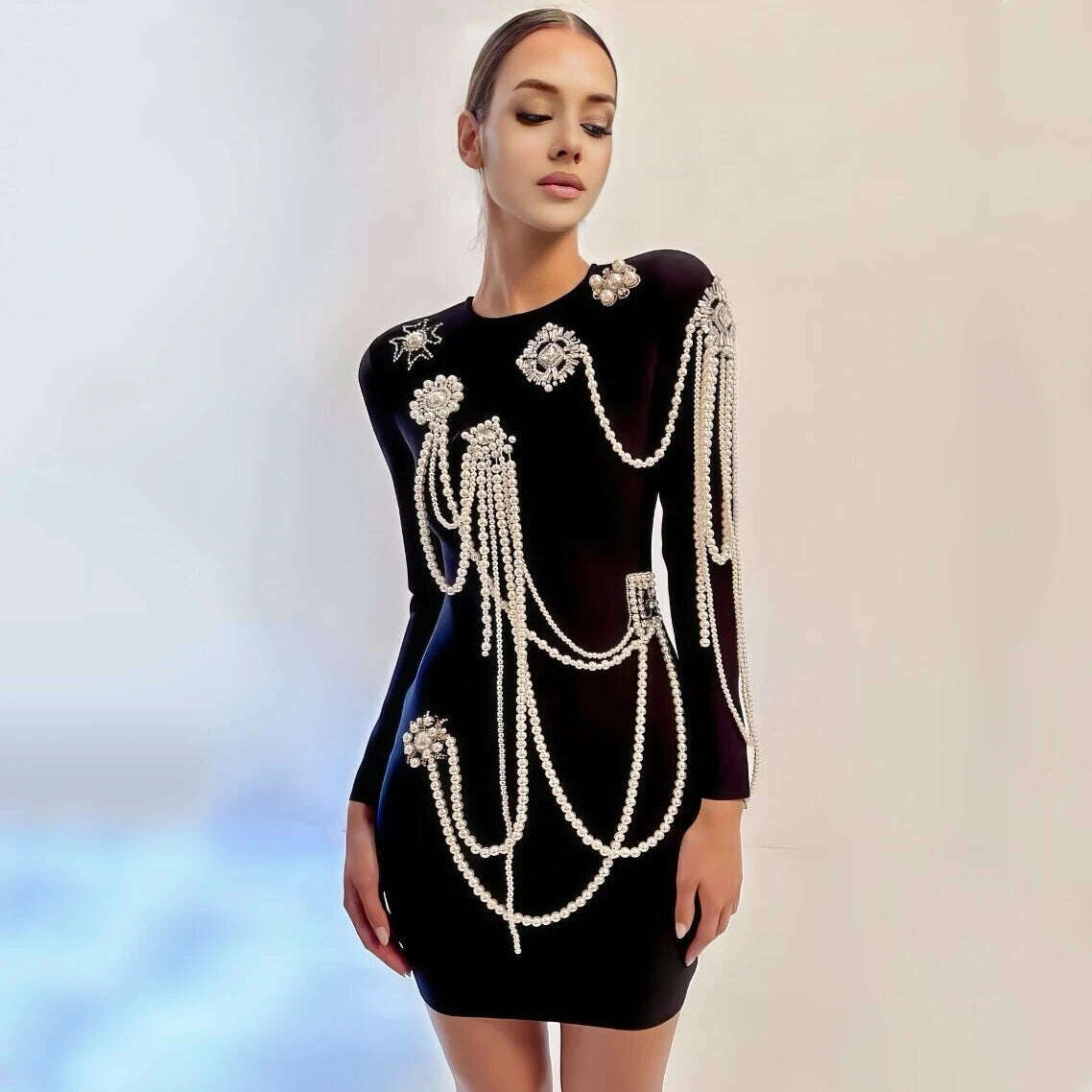 KIMLUD, Spring Summer New Arrival In Stock Fashion Luxury Beaded Sexy Sheath Bandage Bodycon Dress Black Long Sleeve Evening Party Dress, KIMLUD Womens Clothes