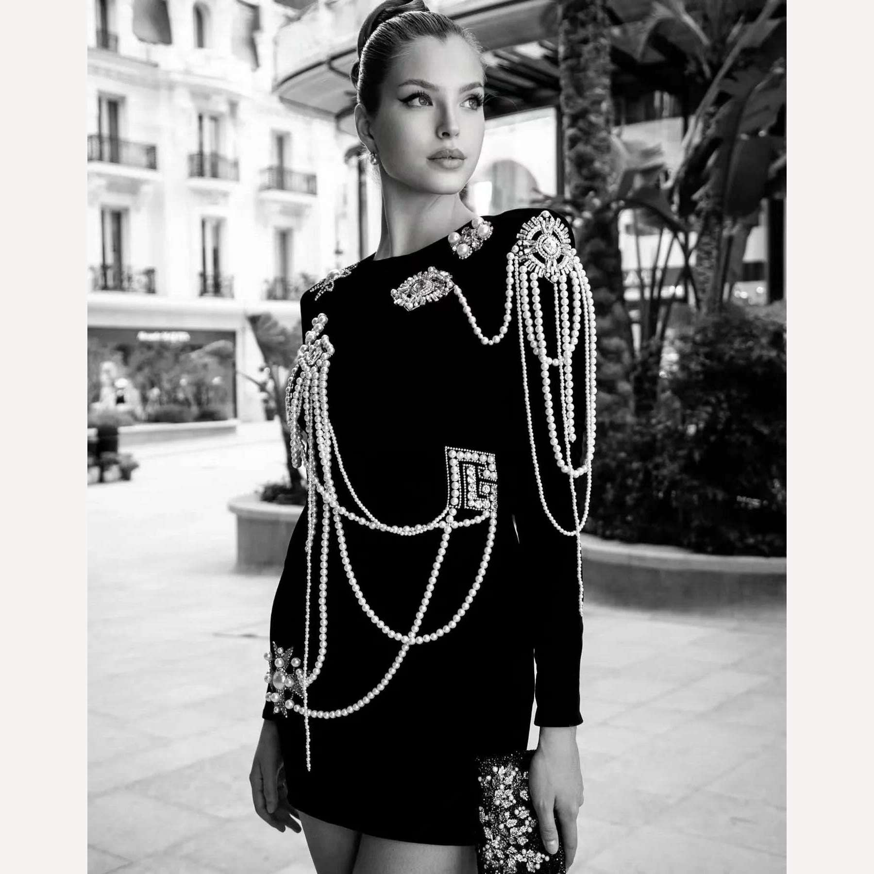 Spring Summer New Arrival In Stock Fashion Luxury Beaded Sexy Sheath Bandage Bodycon Dress Black Long Sleeve Evening Party Dress - KIMLUD