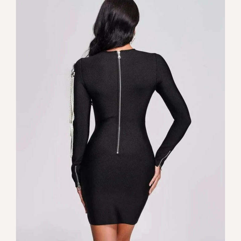 Spring Summer New Arrival In Stock Fashion Luxury Beaded Sexy Sheath Bandage Bodycon Dress Black Long Sleeve Evening Party Dress - KIMLUD