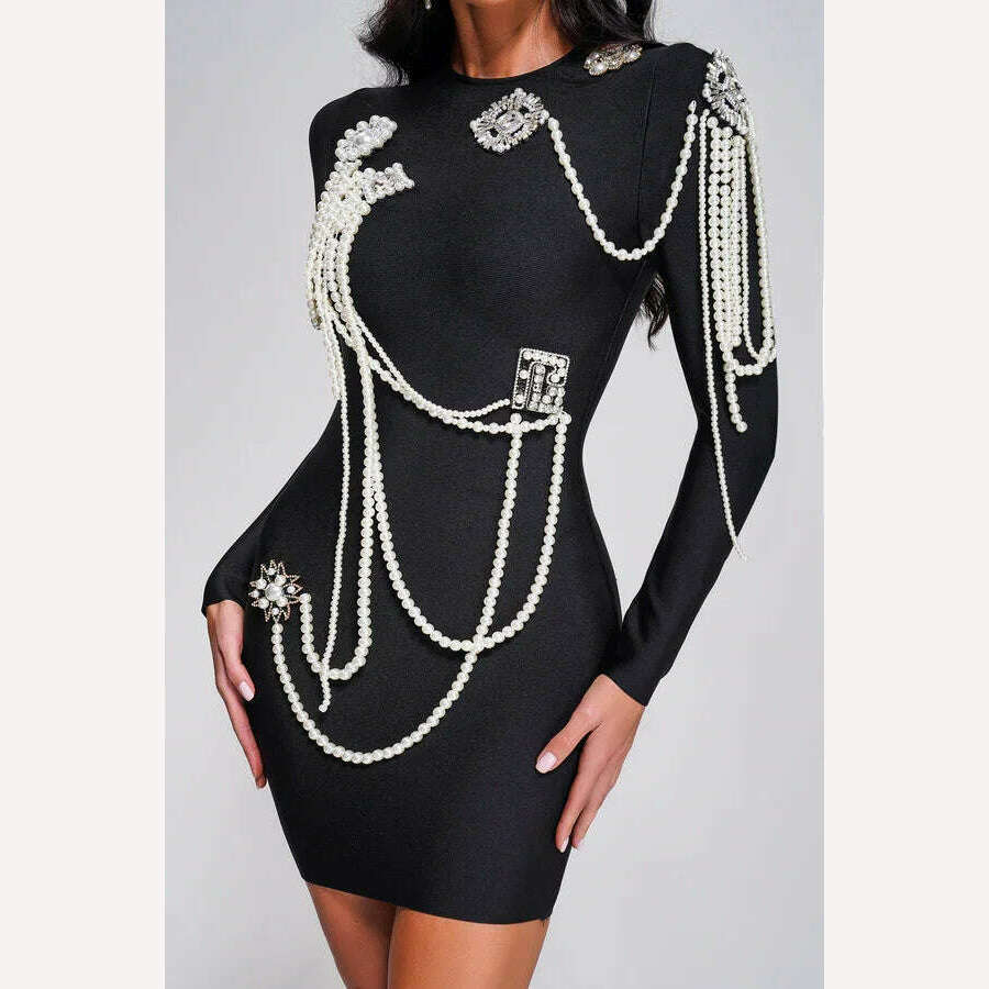 Spring Summer New Arrival In Stock Fashion Luxury Beaded Sexy Sheath Bandage Bodycon Dress Black Long Sleeve Evening Party Dress - KIMLUD