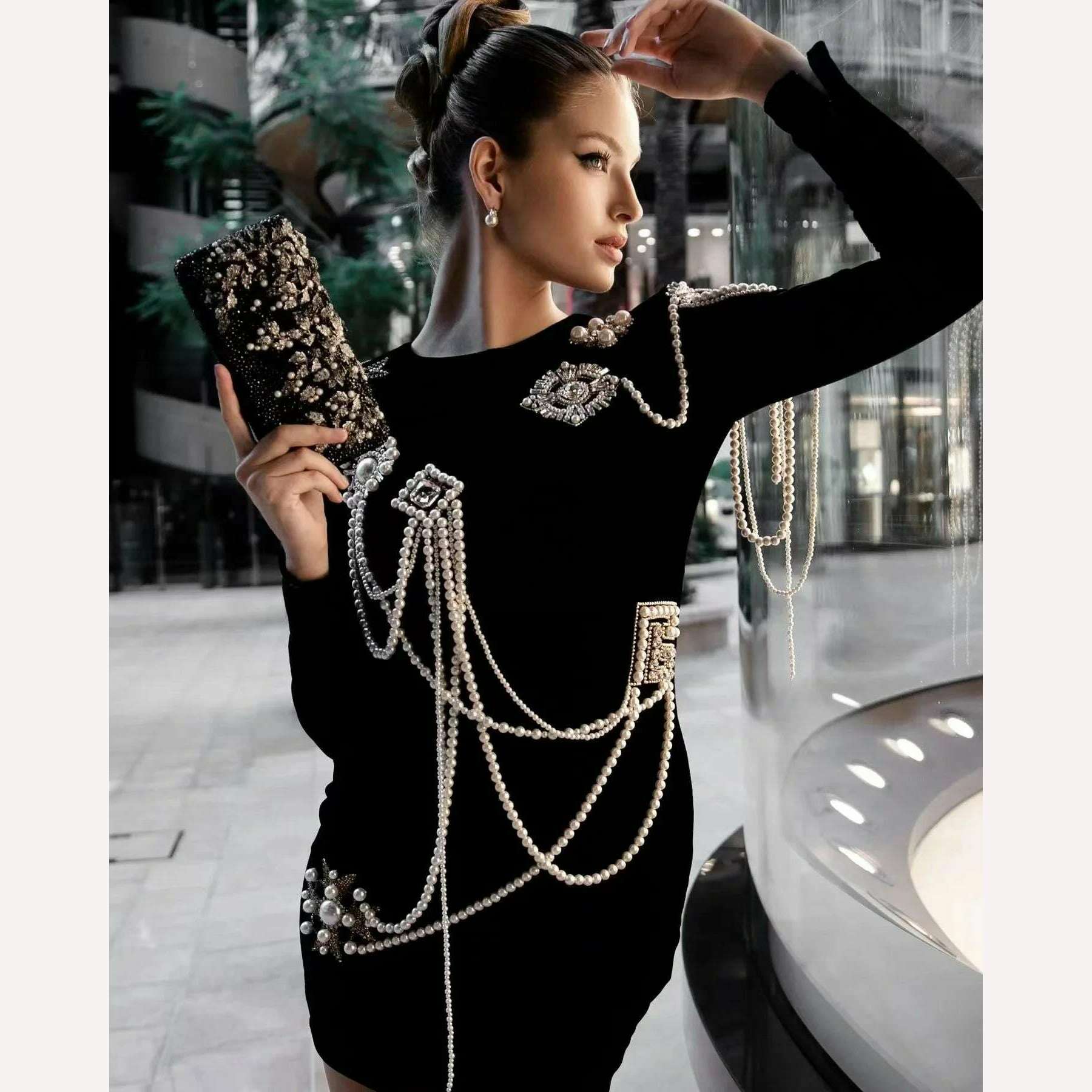 Spring Summer New Arrival In Stock Fashion Luxury Beaded Sexy Sheath Bandage Bodycon Dress Black Long Sleeve Evening Party Dress - KIMLUD