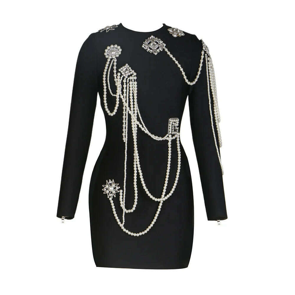KIMLUD, Spring Summer New Arrival In Stock Fashion Luxury Beaded Sexy Sheath Bandage Bodycon Dress Black Long Sleeve Evening Party Dress, KIMLUD Women's Clothes