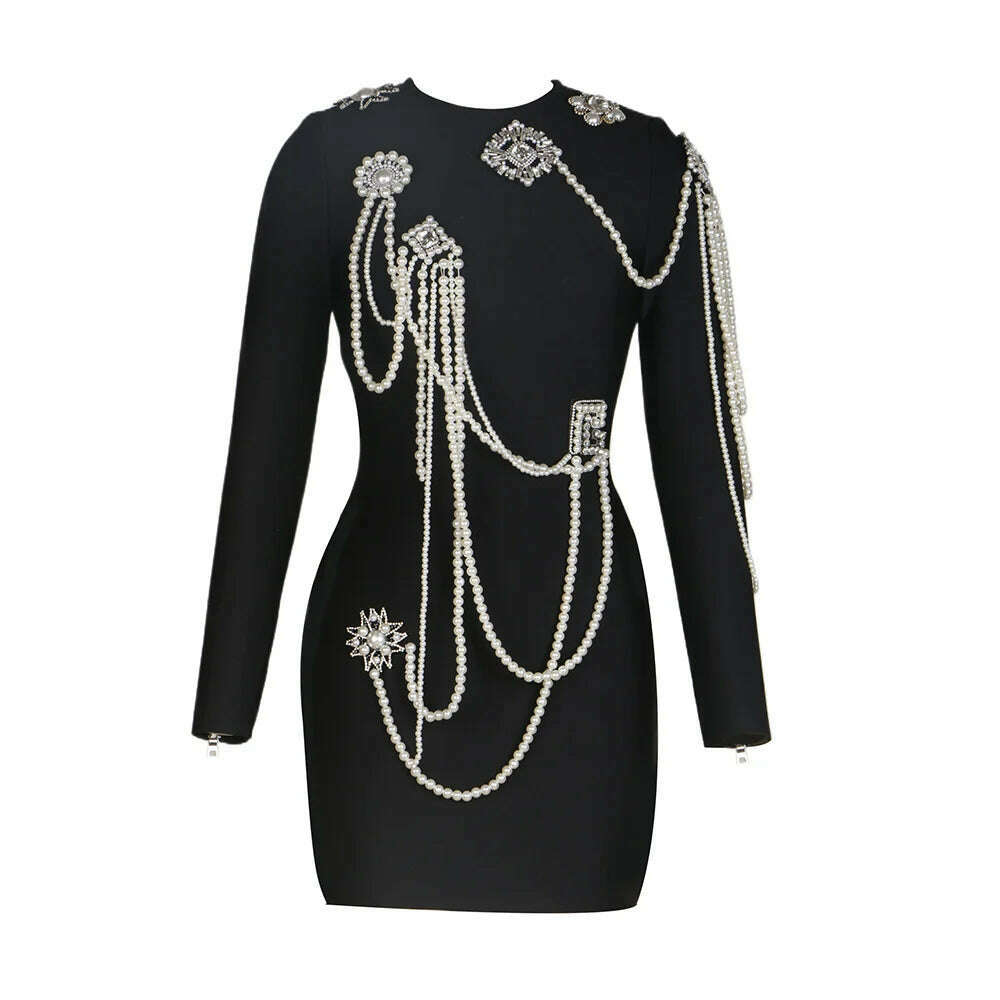 Spring Summer New Arrival In Stock Fashion Luxury Beaded Sexy Sheath Bandage Bodycon Dress Black Long Sleeve Evening Party Dress - KIMLUD
