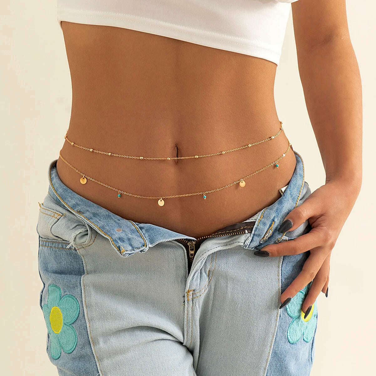 KIMLUD, Spring Summer New Boho Minimalism Multilayer Waist Beads For Women Fashion Geometric Sequins Belly Chain Sexy Body Chain Jewelry, KIMLUD Womens Clothes